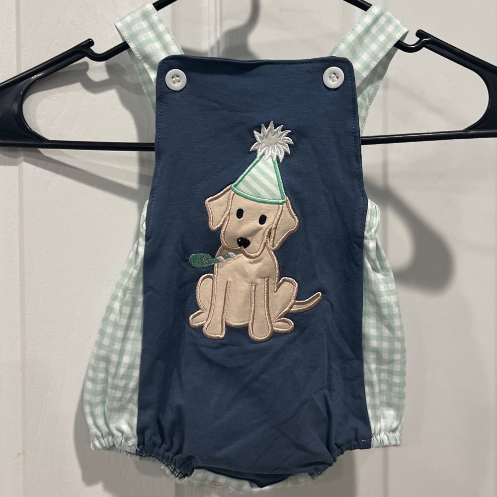 Baby Boy’s Gingham Embroidered Dog Party Bodysuit